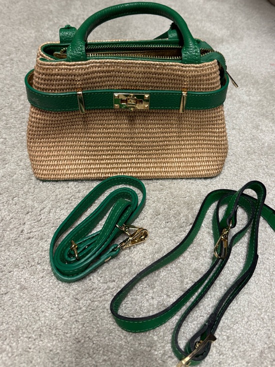 Vera Pelle Handbags - Vera Pelle Italian Woven Straw & Green Leather Satchel Crossbody Bag